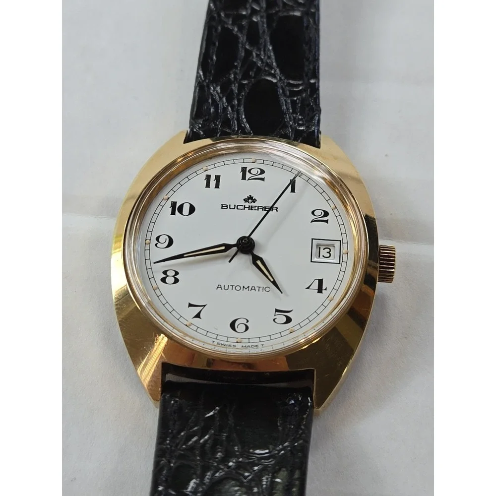 Bucherer Mens Watch. Plaque Ten Micron Gold, Automatic,Date,Leather Band.